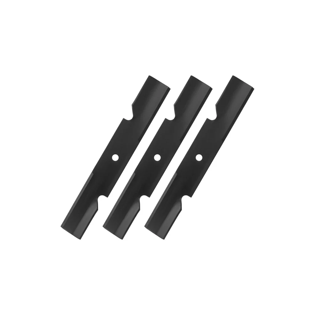 Three black metal blades with rounded notches and a central hole, oriented diagonally on a white background.